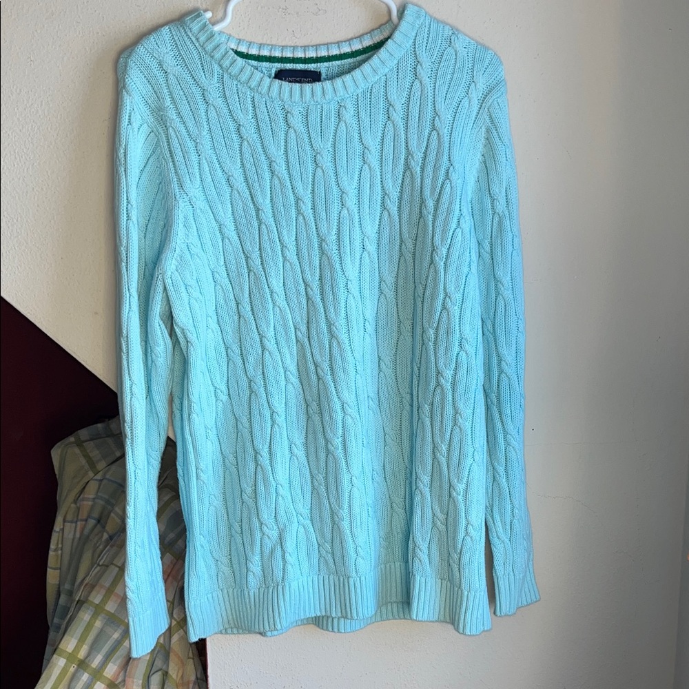 Lands' End‎ Drifter Aqua Cable Knit Cotton Sweater 1X